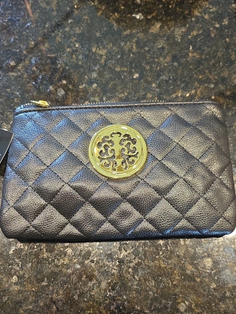 Quilted Black Wristlet Clutch with Gold Emblem